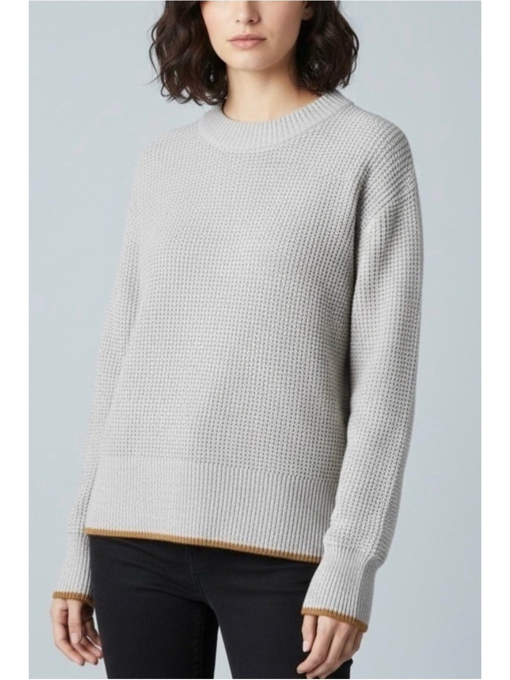 Faherty Waffle Knit Crewneck Sweater Size XL Light Gray Mustard Trim Soft Cozy